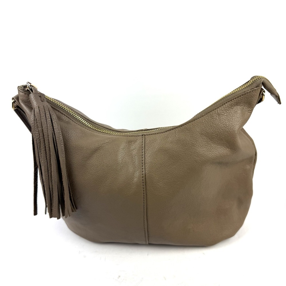 Margot Hobo Crossbody Bag Taupe Brown Soft Leather Tasel Zipper Chic Handbag